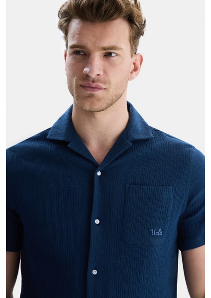 Dısmas Lacivert Müslin Nakışlı Standard Fit Erkek Gömlek fiyatları