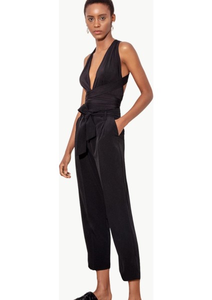 Beli Kuşaklı Krep Pantolon - Siyah