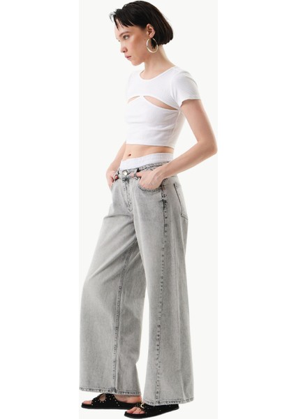 Beli Garni Detaylı Baggy Jean Pantolon - Gri fiyatları