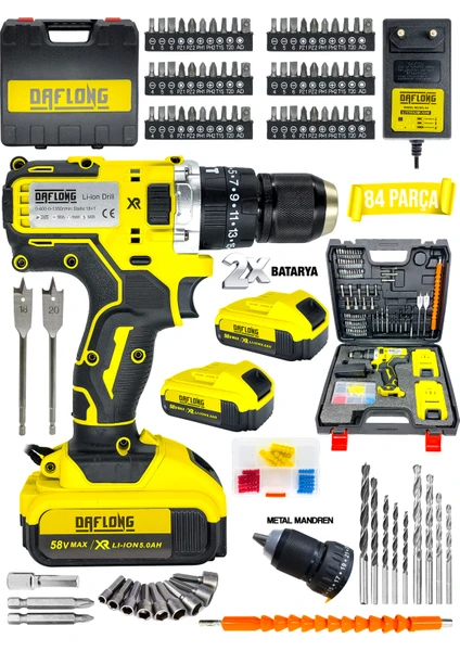 Darbeli Matkap 58 V 5 Ah Li-Ion Çift Metal Şanzuman Çift Akülü Şarjlı Matkap 84 Parça Set