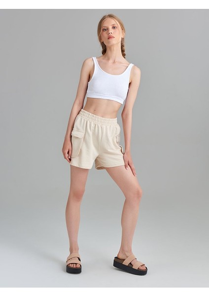 Rahat Kesim Cepli Penye Şort - Bej