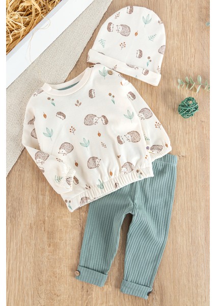 Figürlü 3'lü Şapkalı Unisex Bebek Takımı