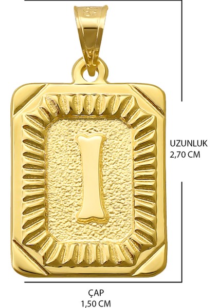 14 Ayar Altın I Harfi Kolye Ucu Kare Desenli Harf Zincir Dahil Değildir