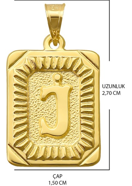 14 Ayar Altın J Harfi Kolye Ucu Kare Desenli Harf Zincir Dahil Değildir
