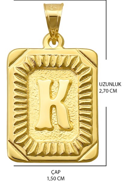 14 Ayar Altın K Harfi Kolye Ucu Kare Desenli Harf Zincir Dahil Değildir