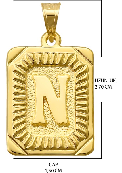 14 Ayar Altın N Harfi Kolye Ucu Kare Desenli Harf Zincir Dahil Değildir