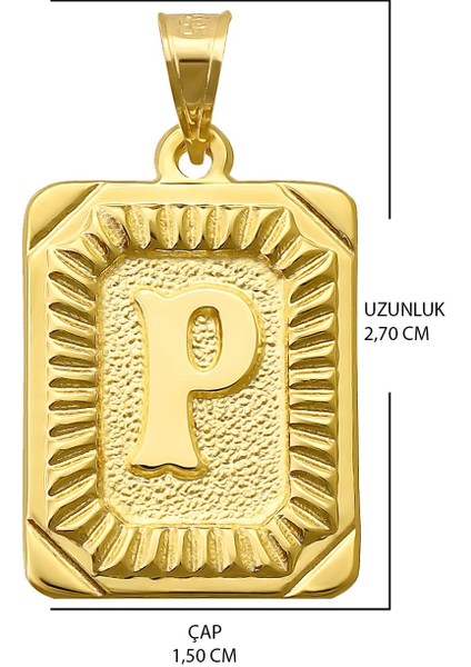 14 Ayar Altın P Harfi Kolye Ucu Kare Desenli Harf Zincir Dahil Değildir