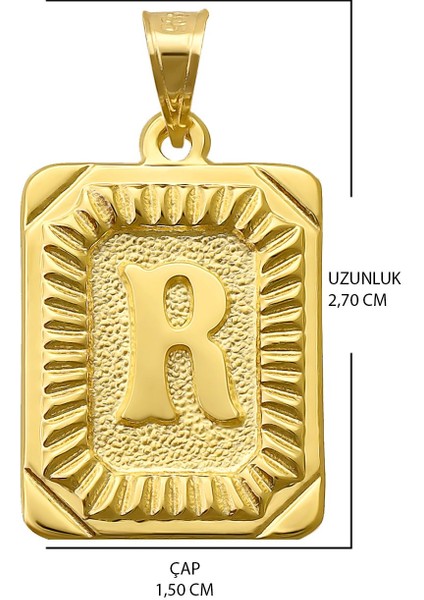 14 Ayar Altın R Harfi Kolye Ucu Kare Desenli Harf Zincir Dahil Değildir