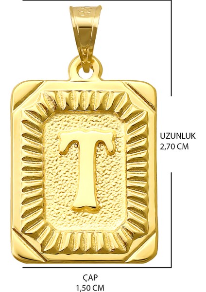14 Ayar Altın T Harfi Kolye Ucu Kare Desenli Harf Zincir Dahil Değildir