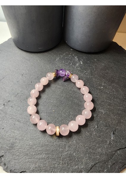 Pembe Kuvars ve Ametist Orjinal Doğal Taş Kadın Bileklik / Sevgi, Aşk ve Pozitiflik Bilekliği