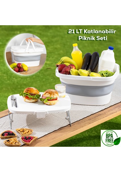 07-1304 Katlanır Piknik Sepeti - Silikonlu Katlanabilir Saklama Kabı- 21 L