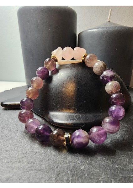 Ametist ve Pembe Kuvars Orjinal Doğal Taş Kadın Bileklik / Sevgi, Aşk, Pozitif Enerji Bilekliği