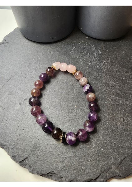Ametist ve Pembe Kuvars Orjinal Doğal Taş Kadın Bileklik / Sevgi, Aşk, Pozitif Enerji Bilekliği modelleri