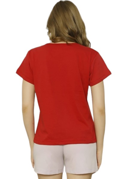 Kadın % 100 Pamuklu Kumaş Kısa Kollu Şortlu Pijama Takımı