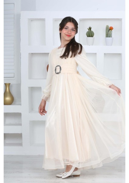 Kız Çocuk Astarlı Krem Uzun Tesettür Abiye ELBISE-ABY-0037