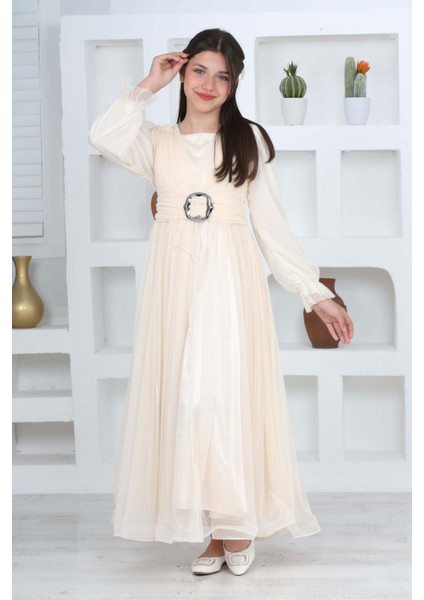 Kız Çocuk Astarlı Krem Uzun Tesettür Abiye ELBISE-ABY-0037 modelleri