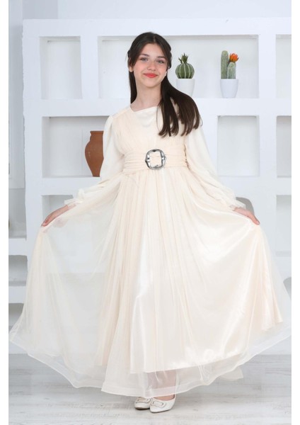 Kız Çocuk Astarlı Krem Uzun Tesettür Abiye ELBISE-ABY-0037 fırsatları