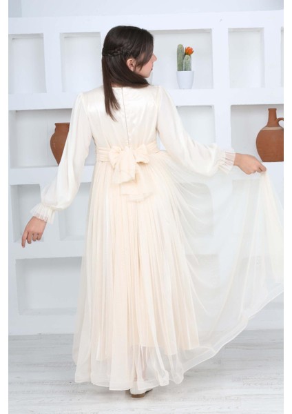 Kız Çocuk Astarlı Krem Uzun Tesettür Abiye ELBISE-ABY-0037 indirimleri