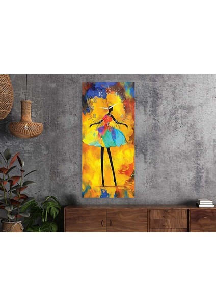 Dikey Üstten Saatli Sanat Temalı 50X100 cm Temperli Cam Tablo DSUS0057