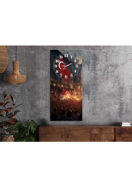 Dikey Üstten Saatli Vatan Temalı 50X100 cm Temperli Cam Tablo DSUV0046