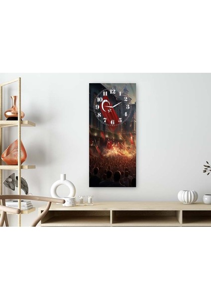 Dikey Üstten Saatli Vatan Temalı 50X100 cm Temperli Cam Tablo DSUV0046