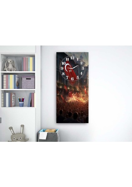 Dikey Üstten Saatli Vatan Temalı 50X100 cm Temperli Cam Tablo DSUV0046