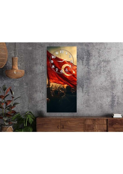 Türk Bayrağı Dikey Üstten Saatli Vatan Temalı 50X110 cm Cam Tablo DSUV0045