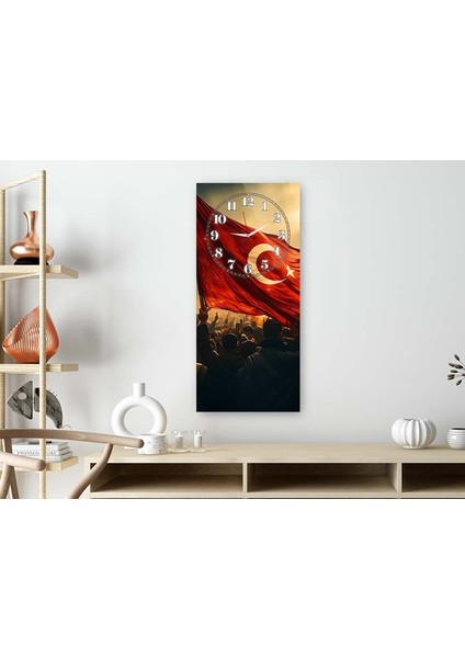 Türk Bayrağı Dikey Üstten Saatli Vatan Temalı 50X110 cm Cam Tablo DSUV0045