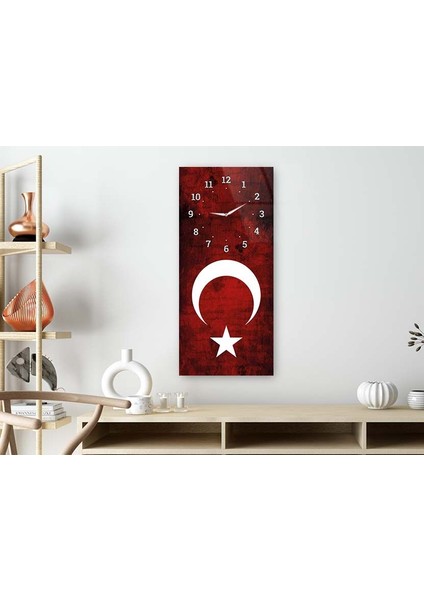 Dikey Üstten Saatli Vatan Temalı 50X100 cm Temperli Cam Tablo DSUV0030