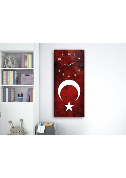 Dikey Üstten Saatli Vatan Temalı 50X100 cm Temperli Cam Tablo DSUV0030