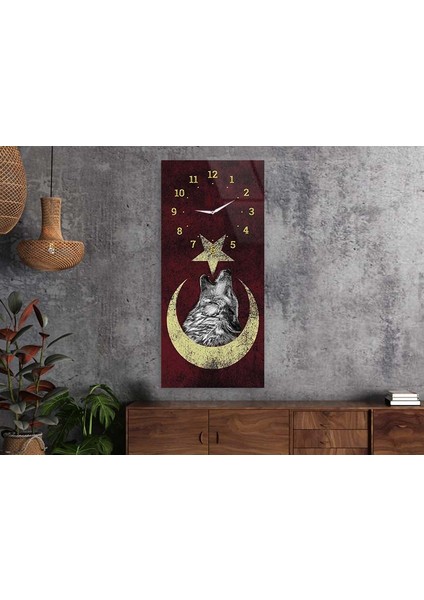 Dikey Üstten Saatli Vatan Temalı 50X100 cm Temperli Cam Tablo DSUV0033