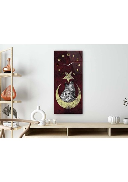 Dikey Üstten Saatli Vatan Temalı 50X100 cm Temperli Cam Tablo DSUV0033