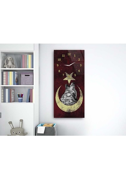 Dikey Üstten Saatli Vatan Temalı 50X100 cm Temperli Cam Tablo DSUV0033