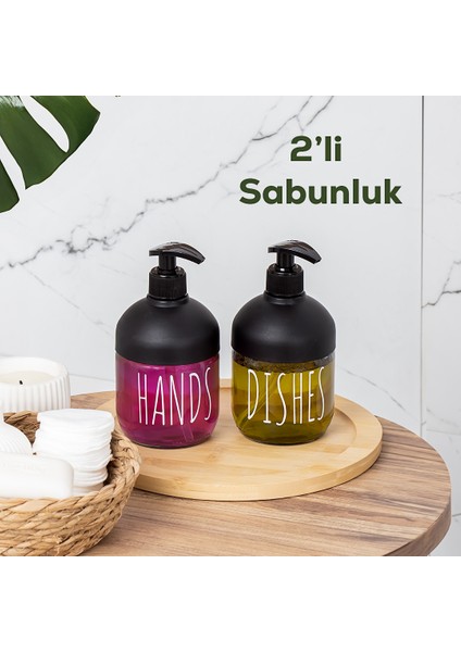 C-527 2'li Cool Sıvı Sabunluk Seti - Mutfak-Banyo Tezgah Üstü Sabunluk Temizlik Seti - Cam 425 ml
