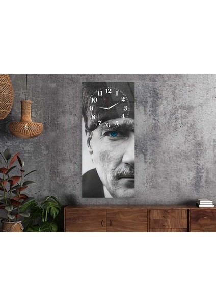 Mavi Gözlüm Mustafa Kemal Atatürk Dikey Üstten Saatli Vatan Temalı 50X110 cm Cam Tablo DSUV0010