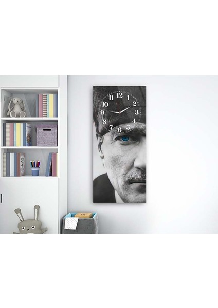 Mavi Gözlüm Mustafa Kemal Atatürk Dikey Üstten Saatli Vatan Temalı 50X110 cm Cam Tablo DSUV0010