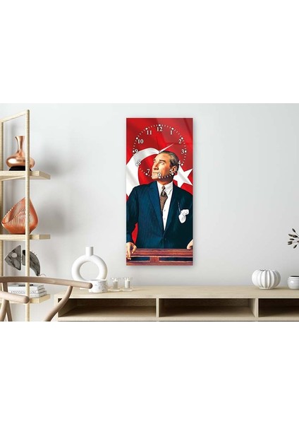 ATATÜRK ve Türk Bayrağı Dikey Üstten Saatli Vatan Temalı 50X110 cm Cam Tablo DSUV0004