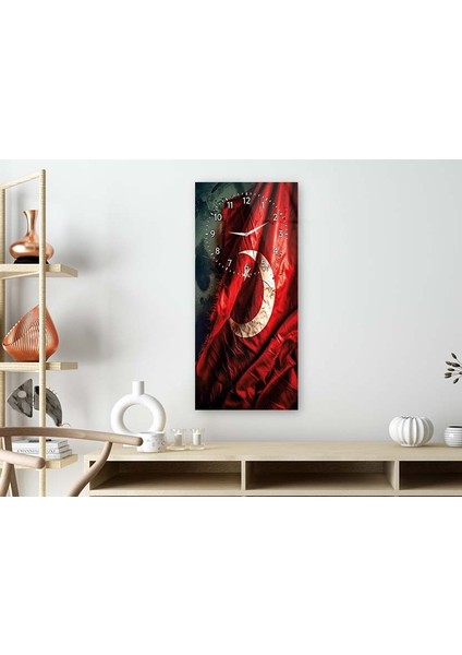 TÜRK BAYRAĞI Saatli Vatan Temalı 50X110 cm Cam Tablo DSUV0013