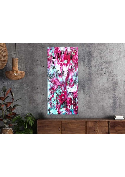 Soyut Çiçek Dikey Üstten Saatli Sanat Temalı 50X110 cm Cam Tablo DSUS0015