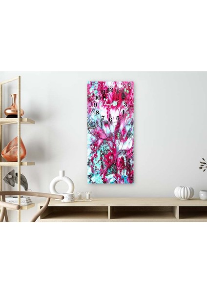 Soyut Çiçek Dikey Üstten Saatli Sanat Temalı 50X110 cm Cam Tablo DSUS0015
