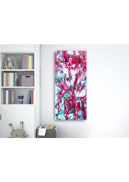 Soyut Çiçek Dikey Üstten Saatli Sanat Temalı 50X110 cm Cam Tablo DSUS0015