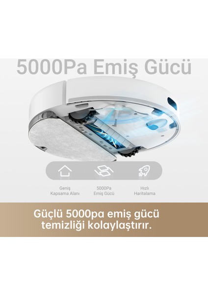 D10S Robot Süpürge, LDS navigasyon ve 5000Pa emiş gücü, maksimum 280 dakika çalışma süresi, uygulama kontrolü, halılar, evcil hayvan tüyleri ve sert zeminler için ideal