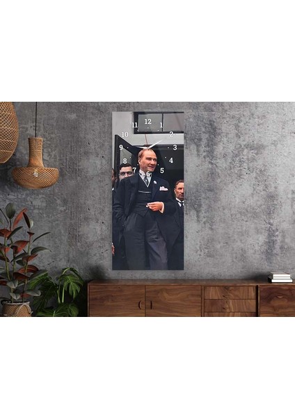 Atatürk Dikey Üstten Saatli Vatan Temalı 50X110 cm Cam Tablo DSUV0015