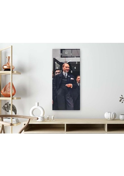 Atatürk Dikey Üstten Saatli Vatan Temalı 50X110 cm Cam Tablo DSUV0015