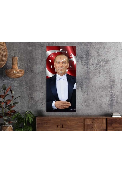 Mustafa Kemal Atatürk ve Türk Bayrağı Saatli Vatan Temalı 50X110 cm Cam Tablo DSUV0017