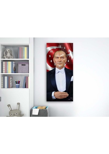 Mustafa Kemal Atatürk ve Türk Bayrağı Saatli Vatan Temalı 50X110 cm Cam Tablo DSUV0017