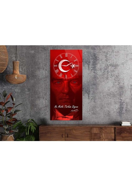 Atatürk, Türk Bayrağı ve Ne Mutlu Türküm yazılı Saatli Vatan Temalı 50X110 cm Cam Tablo DSUV0027