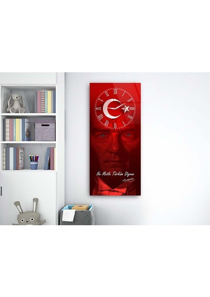 Atatürk, Türk Bayrağı ve Ne Mutlu Türküm yazılı Saatli Vatan Temalı 50X110 cm Cam Tablo DSUV0027