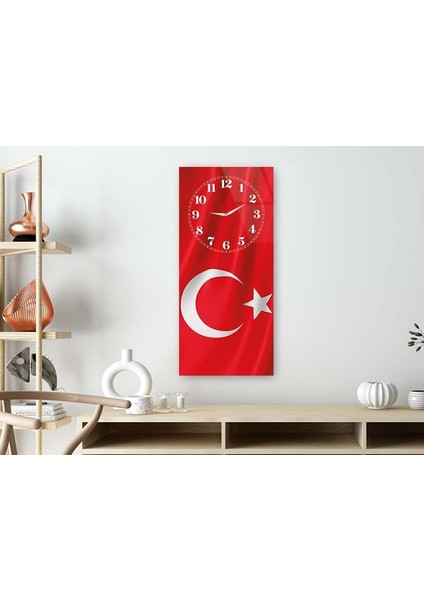 Türk Bayrağı Dikey Üstten Saatli Vatan Temalı 50X110 cm Cam Tablo DSUV0043