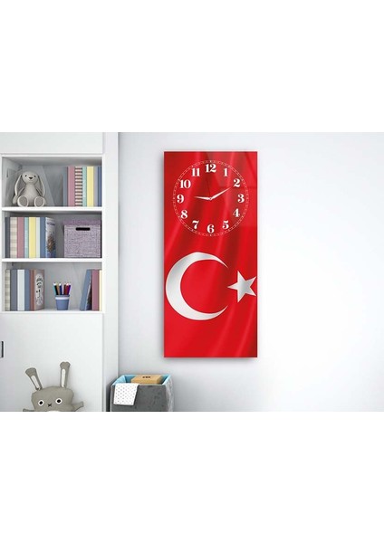 Türk Bayrağı Dikey Üstten Saatli Vatan Temalı 50X110 cm Cam Tablo DSUV0043